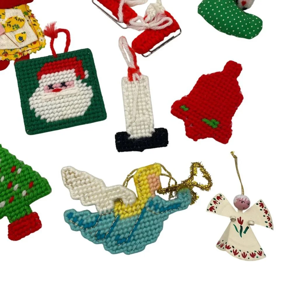 Vintage‎ Christmas handmade ornament lot felt cross stitch metal hand sewn